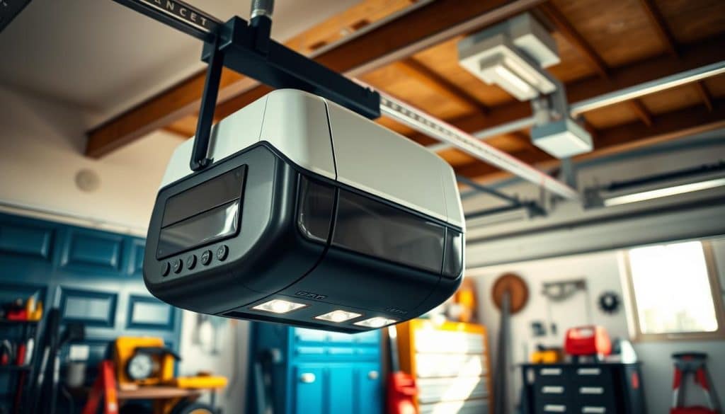 A modern garage door opener prominently displayed in the foreground, showcasing its sleek design with a glossy black finish and illuminated buttons. In the middle ground, include a variety of garage door types such as sectional, roller, and tilt-up doors styled in different colors, emphasizing the versatility of options available for homeowners. The background features a well-organized garage space with tools and storage neatly arranged, ensuring a clean and functional environment. Bright, natural lighting streams in from a nearby window, casting soft shadows and creating a warm, inviting atmosphere. The camera is angled slightly downward, capturing the mechanism from a dynamic perspective, highlighting both the opener and the garage door characteristics, contributing to an informative yet aesthetically pleasing image.