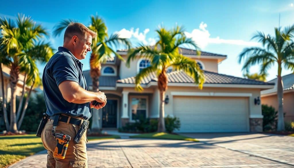A trustworthy garage door service scene in Central Florida during the day. In the foreground, a professional technician in a branded polo shirt and khaki pants is working on a residential garage door, using tools and showing focused attention. The middle ground features a modern suburban house with a sleek, newly installed garage door that stands open, hinting at quality service. Lush palm trees and bright blue skies add to the warm atmosphere in the background, capturing the essence of Central Florida. Soft, natural sunlight illuminates the scene, creating a welcoming and reliable ambiance. The image should invoke feelings of safety and trust, showcasing expertise in home maintenance without any text or distractions.