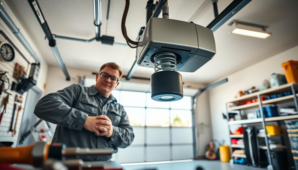A well-lit garage interior featuring a close-up view of a professional technician in modest casual clothing, safely reconnecting a garage door opener. The technician is at waist level working near the overhead torsion spring and the opener mechanism, showcasing the connection points. In the foreground, tools like a screwdriver and safety goggles are neatly arranged, emphasizing safety practices. The middle ground includes a detailed view of the opener and spring assembly, demonstrating the connection being made, with a focus on safety features like sensor eyes. The background presents shelves filled with garage supplies and an open garage door, letting in natural light, creating a practical and informative atmosphere. The overall mood is focused and professional, highlighting safety compliance in garage door maintenance.