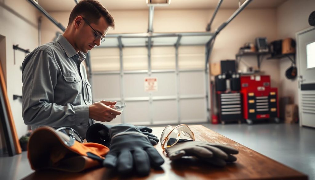 A well-lit garage interior, showcasing a professional technician inspecting a garage door torsion spring. In the foreground, the technician, dressed in business casual attire, is carefully examining safety equipment such as gloves and goggles laid neatly on a bench. In the middle ground, the garage door is partially opened, revealing the torsion spring mechanism with cautionary signage visible. The backdrop includes well-organized tools and a toolbox, emphasizing a tidy and safe working environment. Soft, warm lighting illuminates the space, creating an atmosphere of professionalism and focus. The camera angle is slightly above eye level, capturing the details of the safety preparations while maintaining a clear view of the technician’s attentive expression, conveying the importance of safety in garage door repair work.