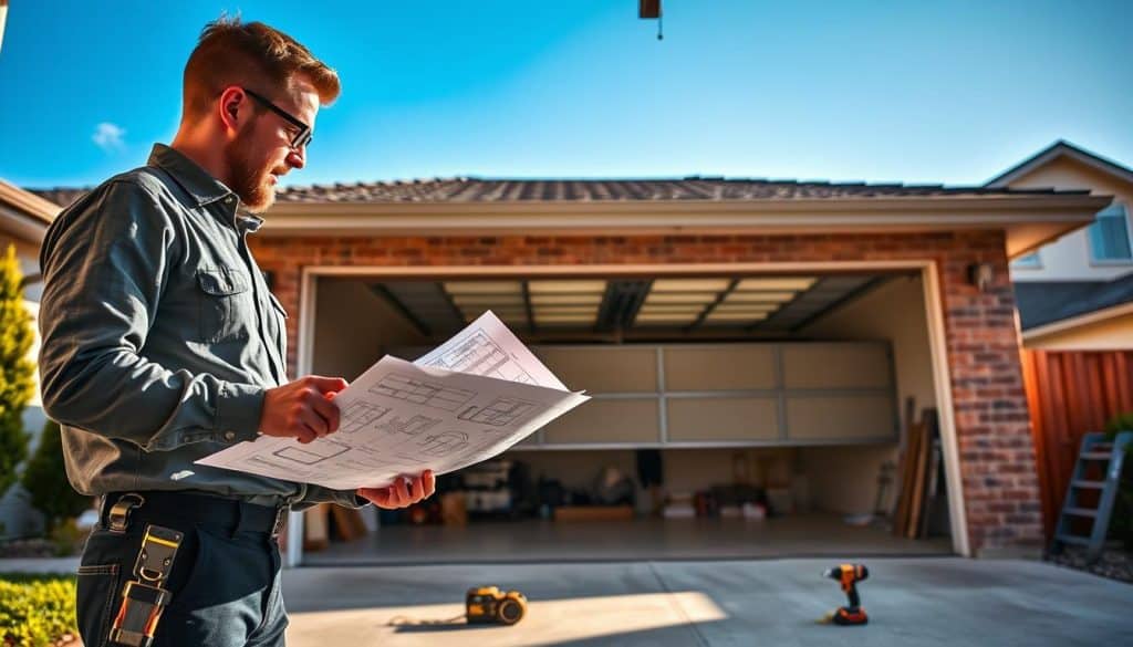 A well-organized garage scene showcasing key factors that influence garage door installation time. In the foreground, a professional installer in smart casual attire examines a detailed blueprint of a garage door, with essential tools like a tape measure, level, and drill placed nearby, symbolizing preparation and precision. The middle ground features an open garage with a sleek, modern garage door partially installed, highlighting sections like tracks and springs that contribute to installation time. The background reveals a residential neighborhood bathed in soft, natural sunlight, with clear blue skies, to evoke a sense of productivity and efficiency. The overall mood is professional and focused, capturing the essence of installation logistics.