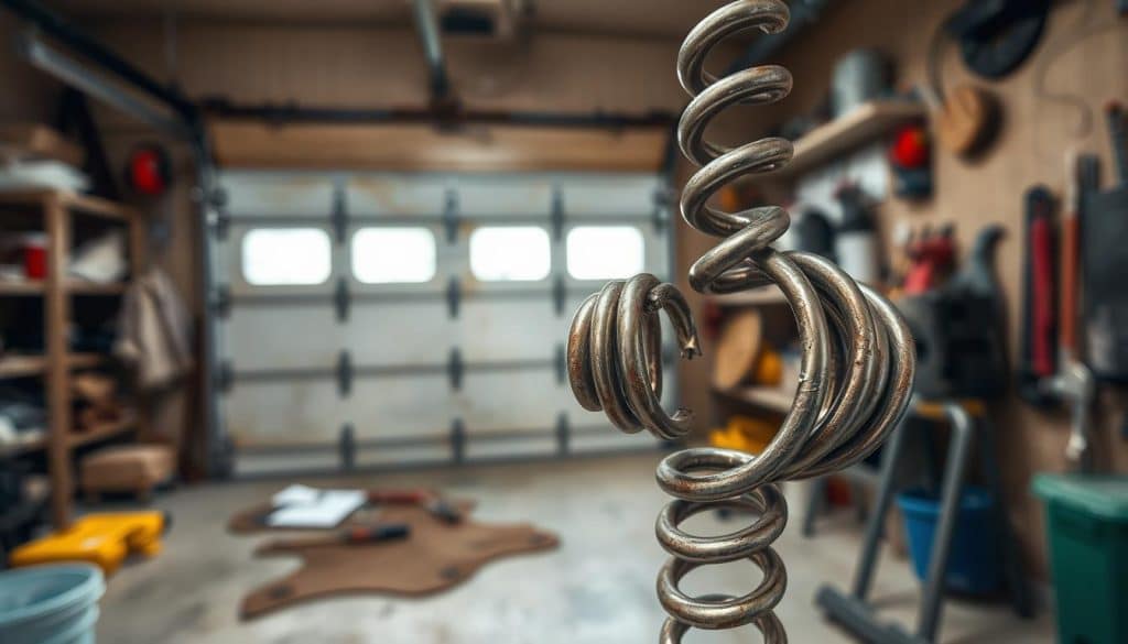 A close-up view of a broken garage door spring, prominently displayed in the foreground, showcasing its twisted and fractured coils. The metallic texture glimmers under bright, natural lighting. In the middle ground, a worn garage door can be seen, partially open, with tools scattered around, hinting at repair work in progress. The background features a cluttered garage wall with shelves of tools and spare parts, softly blurred to keep the focus on the spring. The atmosphere conveys a sense of urgency and attention to detail, emphasizing the importance of recognizing mechanical failures. The image should be captured at a slight angle to enhance depth, with a shallow depth of field to isolate the broken spring. A close-up view of a broken garage door spring, prominently displayed in the foreground, showcasing its twisted and fractured coils. The metallic texture glimmers under bright, natural lighting. In the middle ground, a worn garage door can be seen, partially open, with tools scattered around, hinting at repair work in progress. The background features a cluttered garage wall with shelves of tools and spare parts, softly blurred to keep the focus on the spring. The atmosphere conveys a sense of urgency and attention to detail, emphasizing the importance of recognizing mechanical failures. The image should be captured at a slight angle to enhance depth, with a shallow depth of field to isolate the broken spring.