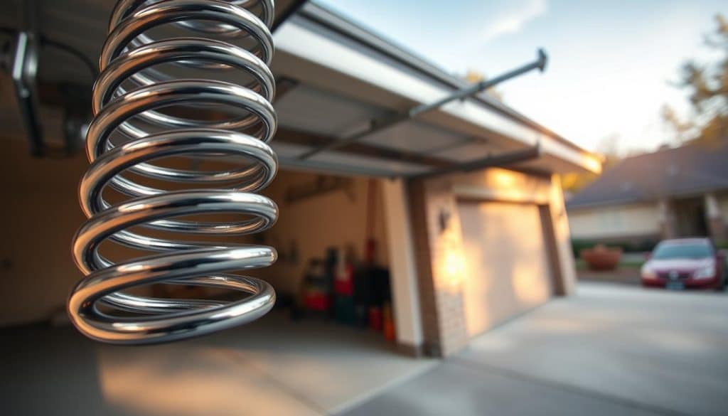 A close-up view of a garage door spring, intricately coiled and shiny, prominently displayed in the foreground, showcasing the tension and mechanical components. In the middle ground, a partially opened garage door reveals a structured garage space, with muted colors that highlight the mechanics at play. The background captures a cozy suburban setting, featuring a well-maintained driveway and a hint of greenery, softly lit by warm afternoon sunlight to create a sense of tranquility and reliability. The image is shot from a low angle, emphasizing the spring's importance and functionality, with a focus on details like the spring's texture and hardware. The overall mood is informative and professional, suitable for illustrating technical aspects of garage door spring replacement costs.