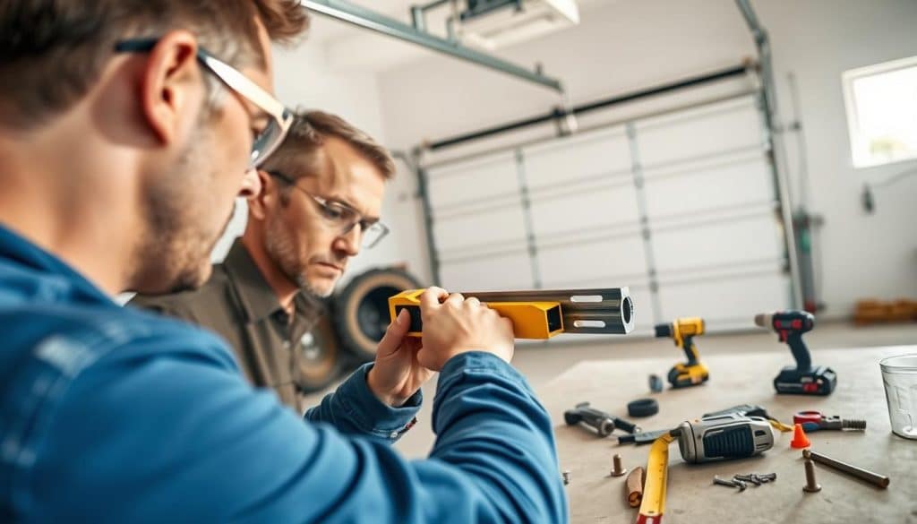A close-up view of a professional technician installing a garage door track inside a spacious, well-lit garage. In the foreground, the technician, dressed in a blue work shirt and safety goggles, meticulously aligns the metal track using a level tool. The middle ground features tools neatly organized on a workbench, including a drill, screws, and a measuring tape, while a partially assembled garage door is visible in the background. The garage is well-lit with natural light streaming through a window, casting soft shadows that enhance the focus on the technician's concentration. The atmosphere is detailed and industrious, showcasing precision and professionalism in the installation process.