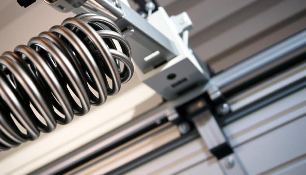 A close-up view of a torsion spring mounted above a garage door frame, showcasing the intricate coil design and mechanical components. The foreground features the shiny metal spring with visible tension, while the middle ground includes the garage door track and opener mechanism, with bolts and brackets. In the background, a partially closed garage door can be seen, providing context. The scene is illuminated with soft natural lighting, creating subtle shadows that emphasize the metal textures. The perspective is slightly tilted to highlight the spring's curvature and functionality, creating a technical yet approachable atmosphere, suitable for a home improvement setting.