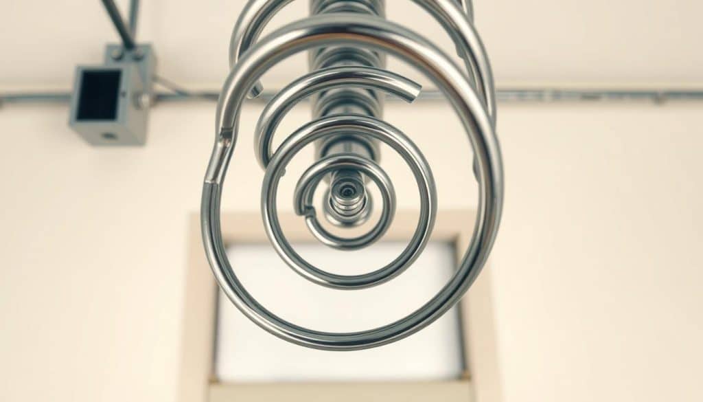 A close-up view of a torsion spring, showcasing its intricate coil structure and metallic sheen. The spring should be centered in the foreground, with clear details of the coils tightly wound around a central shaft, highlighting its functionality. In the middle ground, illustrate a partially opened garage door, emphasizing the torsion spring mechanism above, casting subtle shadows on the door. The background should be a light, neutral color to enhance visibility, with soft, even lighting that accentuates the curves and textures of the spring. Capture the image from a slightly above angle, providing a dynamic perspective that conveys engineering precision and strength, evoking a sense of reliability and technical expertise. A close-up view of a torsion spring, showcasing its intricate coil structure and metallic sheen. The spring should be centered in the foreground, with clear details of the coils tightly wound around a central shaft, highlighting its functionality. In the middle ground, illustrate a partially opened garage door, emphasizing the torsion spring mechanism above, casting subtle shadows on the door. The background should be a light, neutral color to enhance visibility, with soft, even lighting that accentuates the curves and textures of the spring. Capture the image from a slightly above angle, providing a dynamic perspective that conveys engineering precision and strength, evoking a sense of reliability and technical expertise.