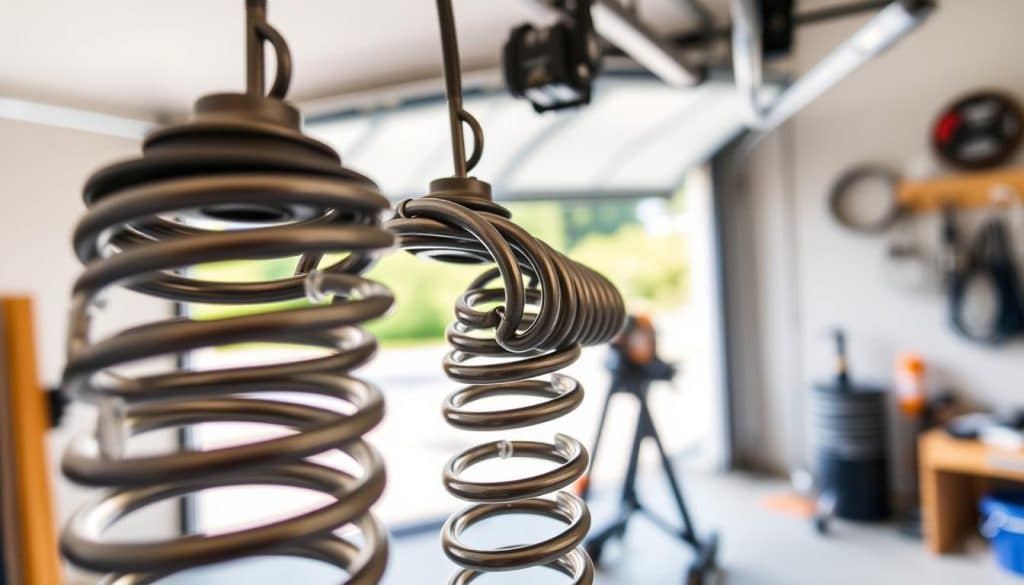 A close-up view of two heavy-duty garage door springs in a well-lit garage setting. In the foreground, focus on the intricate coils and details of the springs, showing their texture and tension. The middle ground features a partially opened garage door, revealing a hint of the outside environment, such as a driveway and surrounding greenery, subtly blurred to add depth. The background is a clean, organized garage with tools and equipment neatly arranged, enhancing the mechanical atmosphere. Soft, natural lighting filters in from the doorway, casting gentle shadows that highlight the springs' metallic surface. The image should convey a sense of reliability and functionality, drawing attention to the vital role garage door springs play in the overall mechanism.