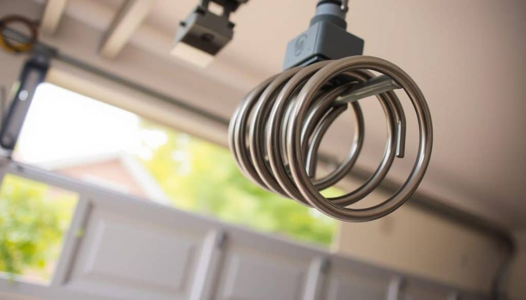 A detailed close-up of a torsion spring installed on an overhead garage door, showcasing its coiled metallic structure. The spring should be positioned prominently in the foreground, capturing the intricate details of its coils and the ends secured in the mounting brackets. In the middle ground, a partially opened garage door reveals a hint of the garage interior, emphasizing the context of a typical home setting. The background features a soft-focus, indicating a suburban environment with subtle greenery outside the door. Utilize natural lighting that highlights the metallic sheen of the spring, creating realistic shadows. The overall mood should convey a sense of reliability and professionalism, fitting for DIY enthusiasts and homeowners seeking maintenance solutions. A detailed close-up of a torsion spring installed on an overhead garage door, showcasing its coiled metallic structure. The spring should be positioned prominently in the foreground, capturing the intricate details of its coils and the ends secured in the mounting brackets. In the middle ground, a partially opened garage door reveals a hint of the garage interior, emphasizing the context of a typical home setting. The background features a soft-focus, indicating a suburban environment with subtle greenery outside the door. Utilize natural lighting that highlights the metallic sheen of the spring, creating realistic shadows. The overall mood should convey a sense of reliability and professionalism, fitting for DIY enthusiasts and homeowners seeking maintenance solutions.