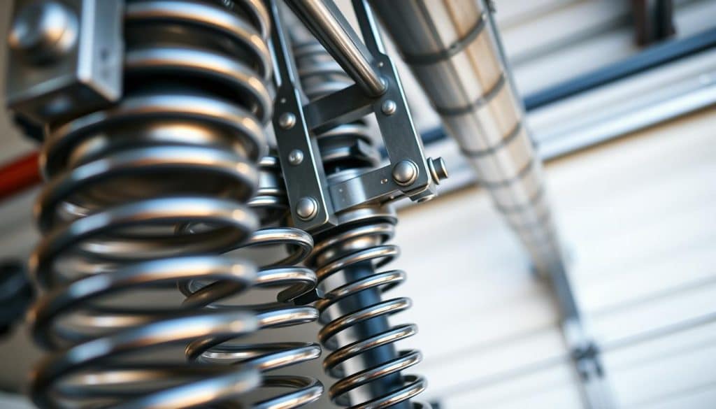 A detailed close-up of garage door springs, showcasing their intricate design and functionality. In the foreground, focus on the metallic coils and pulleys, highlighting the tension and structural integrity necessary for lifting a garage door. The middle layer features the connecting brackets and cables, emphasizing their mechanical interplay. The background softly blurs with an industrial garage setting, perhaps with a hint of a garage door partially raised to provide context. Use natural lighting to cast subtle shadows, enhancing the metallic textures and showcasing the springs' shiny surfaces. The atmosphere should feel technical yet accessible, inviting viewers to explore the mechanics of garage door springs while conveying a sense of precision and craftsmanship. A detailed close-up of garage door springs, showcasing their intricate design and functionality. In the foreground, focus on the metallic coils and pulleys, highlighting the tension and structural integrity necessary for lifting a garage door. The middle layer features the connecting brackets and cables, emphasizing their mechanical interplay. The background softly blurs with an industrial garage setting, perhaps with a hint of a garage door partially raised to provide context. Use natural lighting to cast subtle shadows, enhancing the metallic textures and showcasing the springs' shiny surfaces. The atmosphere should feel technical yet accessible, inviting viewers to explore the mechanics of garage door springs while conveying a sense of precision and craftsmanship.