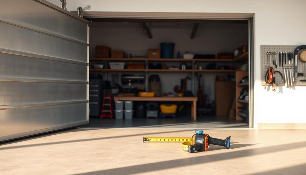 A partially open garage door revealing a well-organized workspace beyond, set against a backdrop of a neatly arranged garage. In the foreground, focus on the sturdy metal door with a smooth surface and visible texture, illuminated by soft, natural light streaming in from outside. The middle ground features tools and measuring equipment laid out on a workbench, with a spirit level and a tape measure prominently displayed, emphasizing precision. The background shows shelves lined with various hardware items, enhancing the sense of a professional environment. Capture this scene from a slightly elevated angle, creating an inviting and motivational atmosphere, perfect for planning and preparing for a garage door track installation.
