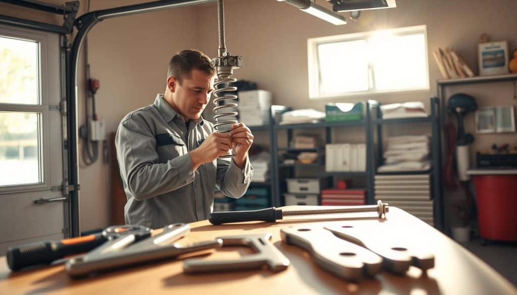 A professional technician in a neat workshop, wearing a clean uniform, inspecting a garage door spring. In the foreground, a set of high-quality tools is neatly arranged on a workbench, with sunlight streaming in through a window, casting soft shadows. The middle ground features the technician carefully examining the spring mechanism and operational parts of a garage door, showcasing attention to detail and maintenance. The background reveals shelves stocked with quality parts and manuals, hinting at smart scheduling and proper upkeep. The overall lighting is warm and inviting, creating a sense of reliability and professionalism, with a focus on the importance of maintenance in ensuring safety and functionality.