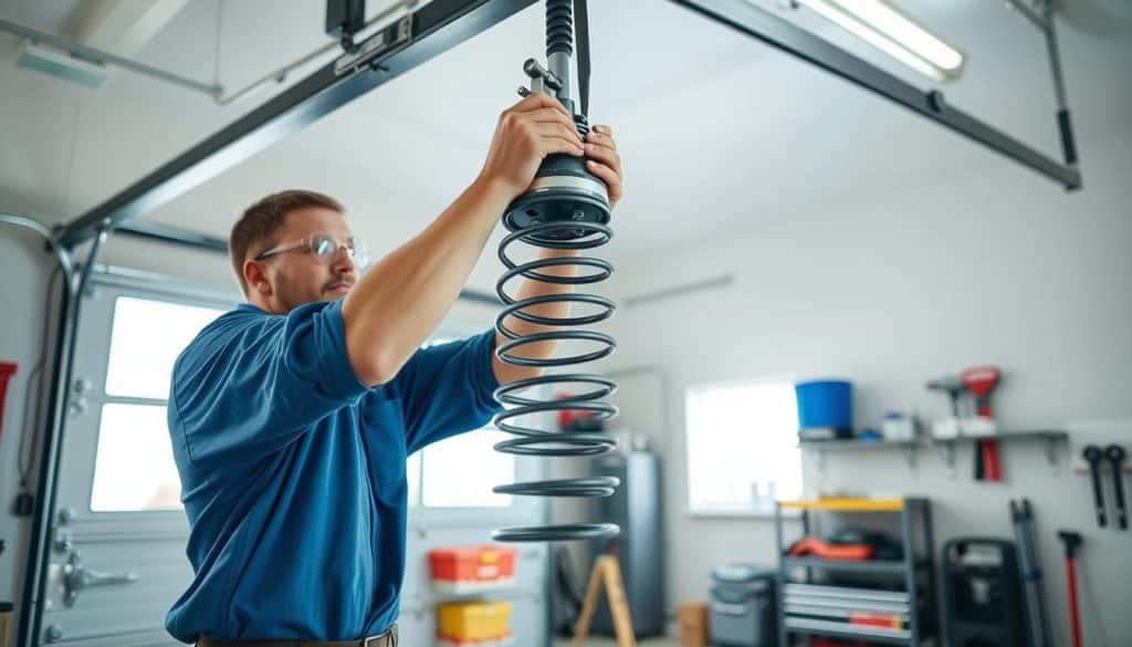 A professional technician in a well-lit garage is carefully replacing a large overhead garage door spring. The technician, dressed in a blue work shirt and safety goggles, is focused on adjusting the spring mechanism, surrounded by tools like wrenches and safety equipment. In the foreground, there is a close-up of the spring and the mounting brackets, showcasing the detailed mechanics. In the middle ground, the garage door stands partially open, revealing a neatly organized workspace. The background features shelves stocked with tools and garage equipment. Soft, natural light filters through a nearby window, creating a professional atmosphere that conveys reliability and expertise in this hands-on task. A professional technician in a well-lit garage is carefully replacing a large overhead garage door spring. The technician, dressed in a blue work shirt and safety goggles, is focused on adjusting the spring mechanism, surrounded by tools like wrenches and safety equipment. In the foreground, there is a close-up of the spring and the mounting brackets, showcasing the detailed mechanics. In the middle ground, the garage door stands partially open, revealing a neatly organized workspace. The background features shelves stocked with tools and garage equipment. Soft, natural light filters through a nearby window, creating a professional atmosphere that conveys reliability and expertise in this hands-on task.