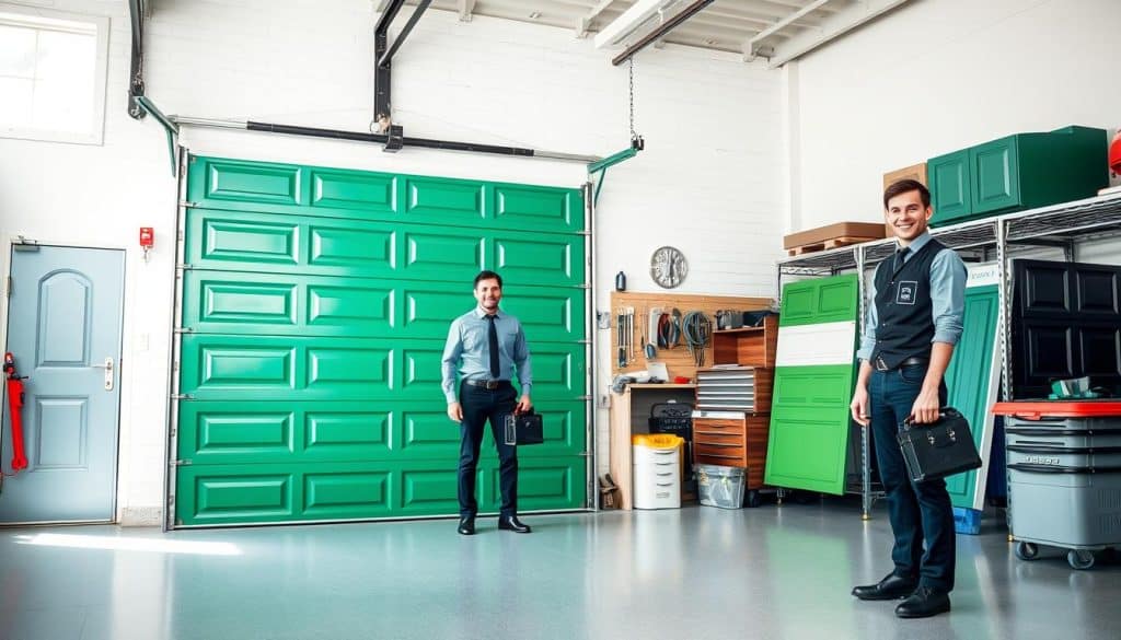 A spacious garage setting showcasing a vibrant, sleek emerald green garage door as the focal point. In the foreground, a friendly technician in smart business attire stands confidently beside the door, holding a toolbox, ready to assist customers. In the middle ground, the well-organized garage displays various high-quality garage doors in different styles and colors, accentuating affordability and durability. The background features a neatly arranged workspace with tools and equipment, bathed in soft, natural light from a window, creating an inviting atmosphere. The scene conveys a strong sense of professionalism, satisfaction, and commitment to quality service, emphasizing the importance of affordability in products. The angle is slightly elevated to capture the entire scene harmoniously. A spacious garage setting showcasing a vibrant, sleek emerald green garage door as the focal point. In the foreground, a friendly technician in smart business attire stands confidently beside the door, holding a toolbox, ready to assist customers. In the middle ground, the well-organized garage displays various high-quality garage doors in different styles and colors, accentuating affordability and durability. The background features a neatly arranged workspace with tools and equipment, bathed in soft, natural light from a window, creating an inviting atmosphere. The scene conveys a strong sense of professionalism, satisfaction, and commitment to quality service, emphasizing the importance of affordability in products. The angle is slightly elevated to capture the entire scene harmoniously.