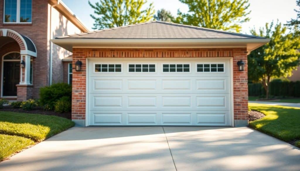 A standard residential garage door, prominently displayed in the foreground, showcasing a sleek, modern design with raised panel details and a traditional white finish. The door is fully closed, set against a neutral-colored brick facade of a suburban home. In the middle ground, neatly manicured green grass and a symmetrical driveway guide the viewer’s eye toward the door, enhancing its significance. In the background, soft-focus trees provide a natural contrast, complementing the architecture without distracting from the main subject. The scene is illuminated with warm, natural sunlight, casting gentle shadows and creating a welcoming atmosphere. A wide-angle lens captures the entire scene from a low angle, emphasizing the garage door's dimensions in relation to the home. The overall mood is peaceful and inviting, ideal for illustrating standard garage door sizes. A standard residential garage door, prominently displayed in the foreground, showcasing a sleek, modern design with raised panel details and a traditional white finish. The door is fully closed, set against a neutral-colored brick facade of a suburban home. In the middle ground, neatly manicured green grass and a symmetrical driveway guide the viewer’s eye toward the door, enhancing its significance. In the background, soft-focus trees provide a natural contrast, complementing the architecture without distracting from the main subject. The scene is illuminated with warm, natural sunlight, casting gentle shadows and creating a welcoming atmosphere. A wide-angle lens captures the entire scene from a low angle, emphasizing the garage door's dimensions in relation to the home. The overall mood is peaceful and inviting, ideal for illustrating standard garage door sizes.