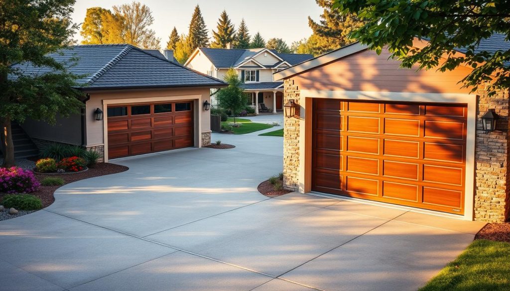 A visually striking display of custom garage doors in a suburban setting, showcasing a variety of nonstandard sizes. In the foreground, two different garage doors are prominently featured: one tall and narrow, the other wide and low, both made of modern materials like wood and steel. The middle ground includes a driveway leading to these doors, lined with vibrant landscaping, while a peaceful neighborhood can be seen in the background, featuring homes with traditional architecture. The scene is illuminated by the warm glow of late afternoon sunlight, casting soft shadows that enhance the texture of the garage doors. The overall mood is inviting and informative, reflecting the importance of customization in garage door design. A visually striking display of custom garage doors in a suburban setting, showcasing a variety of nonstandard sizes. In the foreground, two different garage doors are prominently featured: one tall and narrow, the other wide and low, both made of modern materials like wood and steel. The middle ground includes a driveway leading to these doors, lined with vibrant landscaping, while a peaceful neighborhood can be seen in the background, featuring homes with traditional architecture. The scene is illuminated by the warm glow of late afternoon sunlight, casting soft shadows that enhance the texture of the garage doors. The overall mood is inviting and informative, reflecting the importance of customization in garage door design.