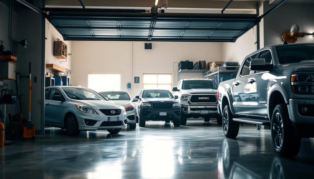 A well-organized garage space showcasing multiple vehicles of varying sizes, including a compact car, a mid-sized SUV, and a large truck, parked inside. In the foreground, focus on the garage door itself, highlighting its dimensions and the mechanisms for opening and closing. The middle ground features the vehicles, each parked neatly, with subtle reflections on a polished concrete floor. The background includes garage tools and organization systems, contributing to a functional and appealing atmosphere. Soft natural light filters through a window, illuminating the scene, casting gentle shadows, and creating a warm, inviting mood. Use a slightly elevated angle to capture the scale of the garage space and the vehicles in relation to the garage door. A well-organized garage space showcasing multiple vehicles of varying sizes, including a compact car, a mid-sized SUV, and a large truck, parked inside. In the foreground, focus on the garage door itself, highlighting its dimensions and the mechanisms for opening and closing. The middle ground features the vehicles, each parked neatly, with subtle reflections on a polished concrete floor. The background includes garage tools and organization systems, contributing to a functional and appealing atmosphere. Soft natural light filters through a window, illuminating the scene, casting gentle shadows, and creating a warm, inviting mood. Use a slightly elevated angle to capture the scale of the garage space and the vehicles in relation to the garage door.