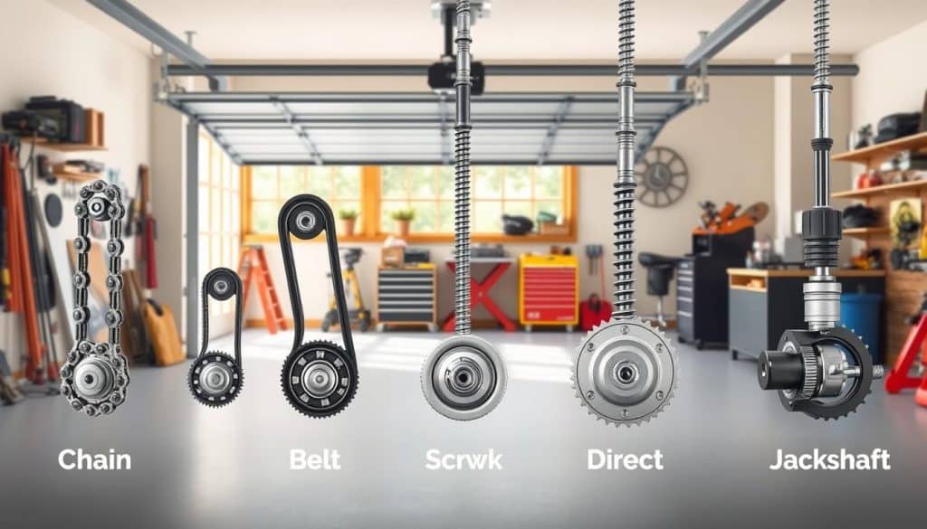 A detailed comparison illustration of various garage door opener drive types, including chain, belt, screw, direct, and jackshaft. In the foreground, depict each drive mechanism labeled clearly, showing intricate components like chains, belts, screws, and gears with realistic textures. The middle layer should present a well-organized garage setting, featuring a modern garage door partially open, with tools and spare parts neatly arranged. The background can show a bright and airy workshop environment, with natural light streaming through large windows. Use a slight top-down angle for a comprehensive view, conveying a sense of professionalism and expertise. The overall atmosphere should be informative and practical, ideal for a technical article on garage door openers.