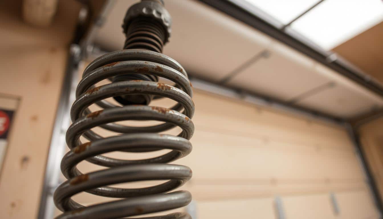 A close-up view of a garage door spring, intricately detailed to showcase its metal coils and threading, with a focus on signs of wear like rust and fraying. In the foreground, the spring is prominently displayed, capturing the viewer's attention, while behind it, a partially open garage door reveals the interior of a well-maintained garage, suggesting the lifespan of the spring in use. The background features soft, natural lighting filtering through the garage, creating a warm, inviting atmosphere. The angle is slightly tilted upward, giving a dynamic perspective. The overall mood is informative yet approachable, highlighting the importance of understanding the lifespan and maintenance of garage door springs without any human presence in the scene.