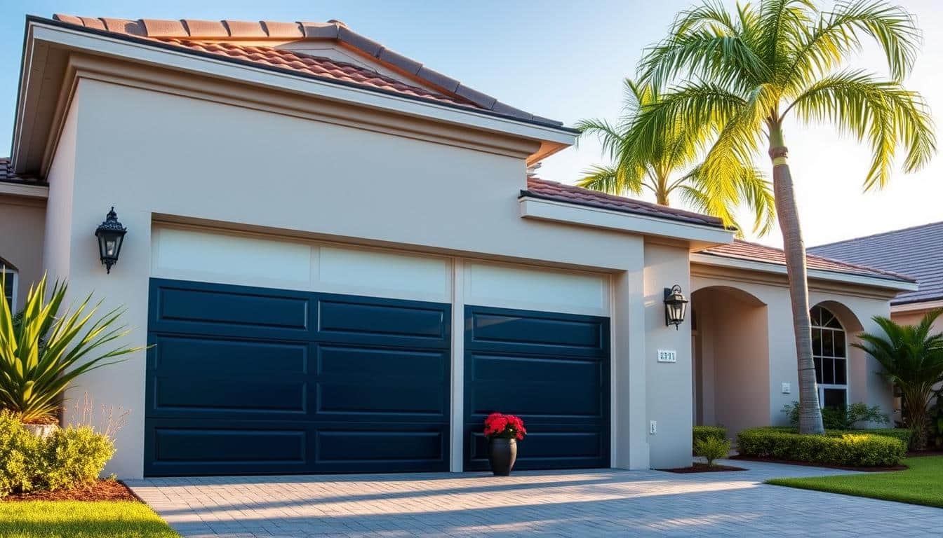 A sleek, modern garage door installed on a suburban house in Central Florida, showcasing a stylish blend of dark blue and white panels. In the foreground, the garage door is in focus, highlighting its clean lines and contemporary design. The middle ground features a well-maintained driveway with potted plants on either side, creating a welcoming atmosphere. In the background, lush green palm trees and a clear blue sky suggest a sunny Florida day. The lighting is warm and inviting, indicating late afternoon sunshine with soft shadows. The mood is tranquil and professional, illustrating the importance of quality garage door services for homeowners in the region.