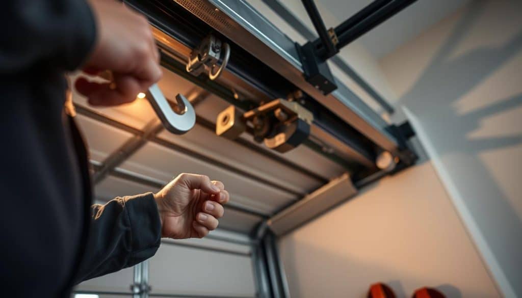 A focused image of a garage door being repaired, showcasing a technician in professional work attire, examining the mechanism with a wrench in hand. In the foreground, the technician's hands are clearly visible, highlighting intricate details of the garage door's inner workings. The middle ground features a slightly opened garage door, revealing pulleys and springs, suggesting ongoing repair work. The background has soft, ambient lighting filtering through the partially open door, casting gentle shadows that enhance the mood of a productive work environment. The atmosphere feels industrious yet calm, symbolizing the importance of understanding repair timeframes and cost influences. Angle the shot slightly from below to capture the technician's concentration as they work diligently.